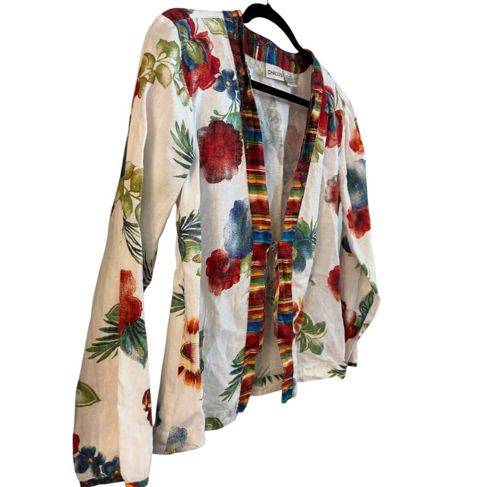 Chicos 100% Linen Vibrant Floral Tropical Beach Blouse Shirt Top Size 1 Medium - Picture 3 of 5